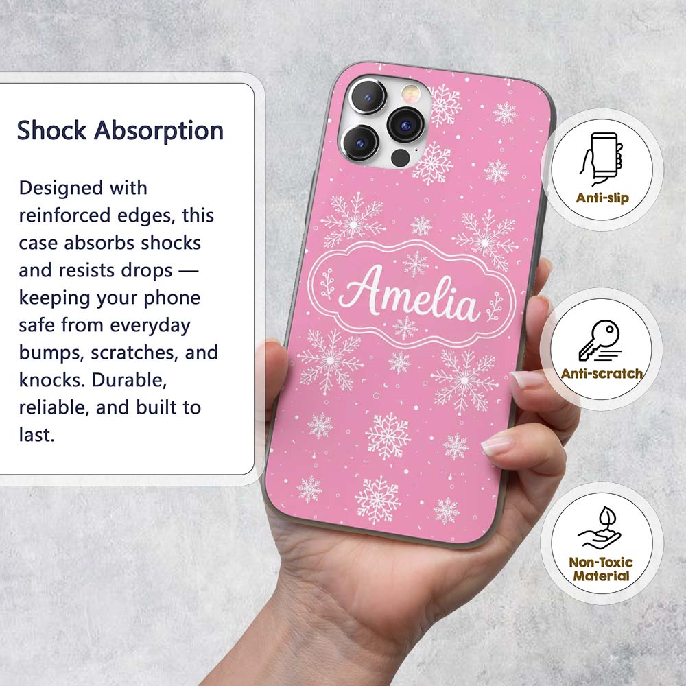Cute Pink Snowflakes Minimal Winter Seamless Custom Name Protective Phone Case Mobile Cover Durable Everyday Smartphone Shock Resistant
