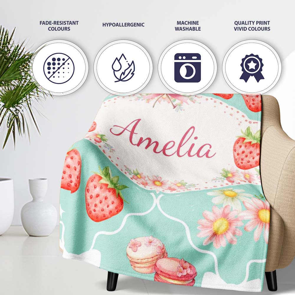 Strawberry Cherry Daisy Seamless Pattern Teal Cute Coquette Floral Personalised Custom Name Super Soft Fleece Blanket Bed Sofa Throw
