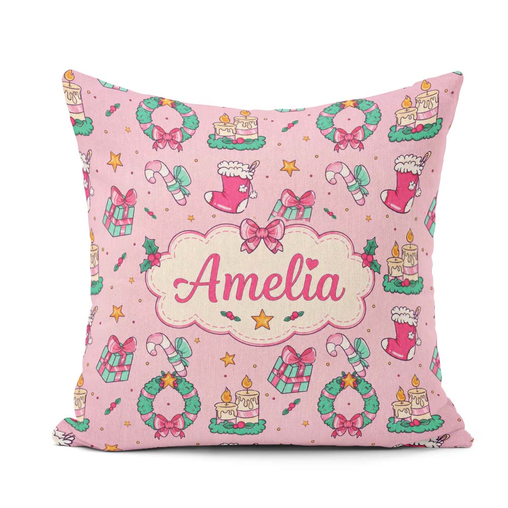 Custom Name Christmas Wreaths Gifts Candy Canes Seamless Pattern Square Filled Cushion Throw Pillow Sofa Bed Home Decor Zip Washable UK Made