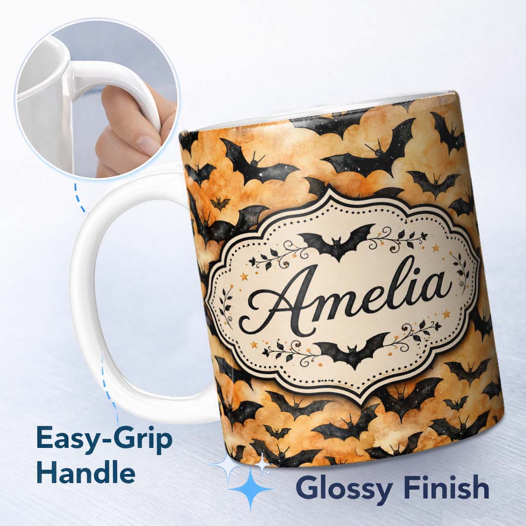 Personalized Custom Name Watercolour Flying Bats on Warm Orange Cloud Background Halloween 11oz Ceramic Coffee Tea Mug White Large Handle