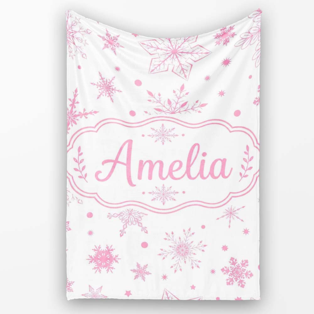 Elegant Pink Snowflakes White Background Seamless Pattern Lovely Personalised Custom Name Super Soft Fleece Blanket Bed Sofa Throw