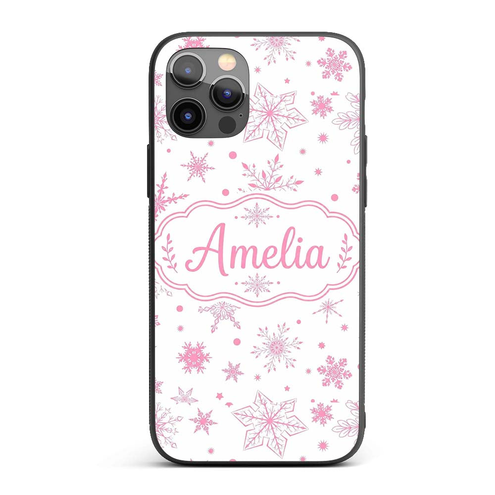 Elegant Pink Snowflakes White Background Seamless Custom Name Protective Phone Case Mobile Cover Durable Everyday Smartphone Shock Resistant