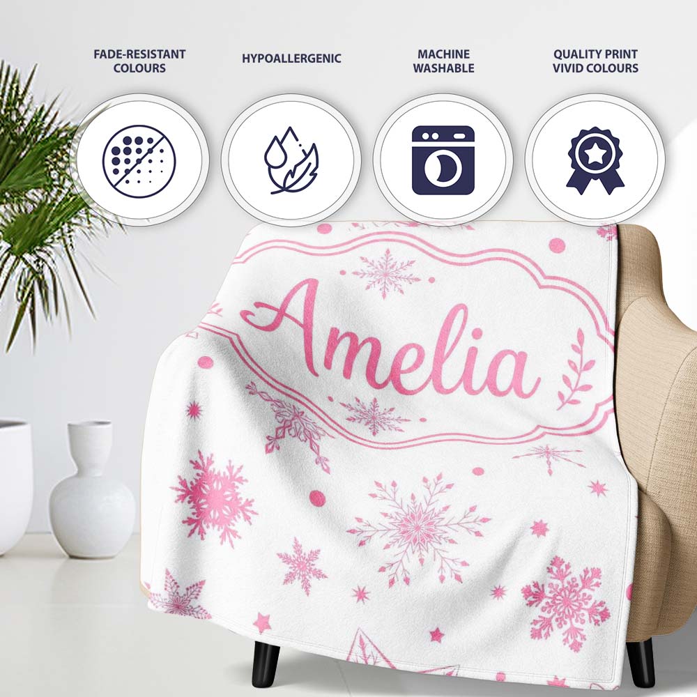 Elegant Pink Snowflakes White Background Seamless Pattern Lovely Personalised Custom Name Super Soft Fleece Blanket Bed Sofa Throw