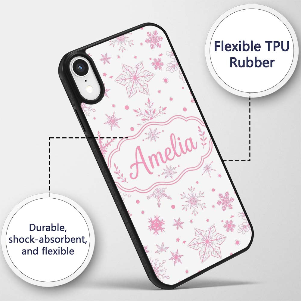 Elegant Pink Snowflakes White Background Seamless Custom Name Protective Phone Case Mobile Cover Durable Everyday Smartphone Shock Resistant