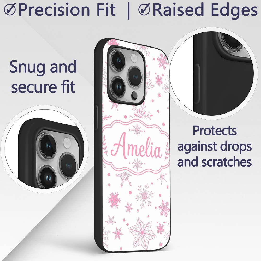 Elegant Pink Snowflakes White Background Seamless Custom Name Protective Phone Case Mobile Cover Durable Everyday Smartphone Shock Resistant