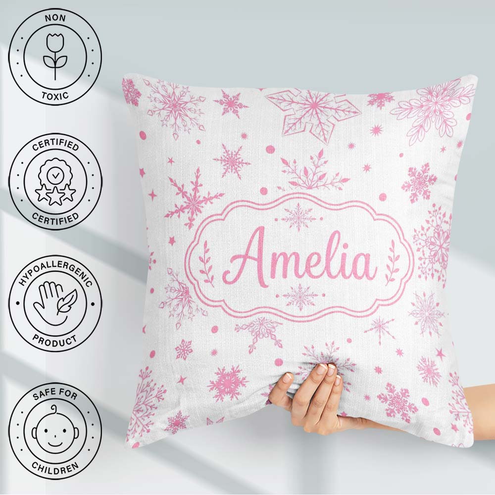Custom Name Elegant Snowflakes White Background Seamless Pattern Square Filled Cushion Throw Pillow Sofa Bed Home Decor Zip Washable UK Made