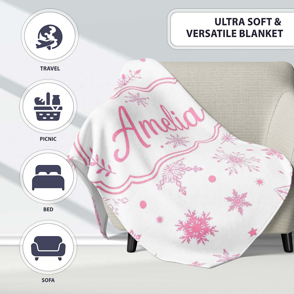 Elegant Pink Snowflakes White Background Seamless Pattern Lovely Personalised Custom Name Super Soft Fleece Blanket Bed Sofa Throw