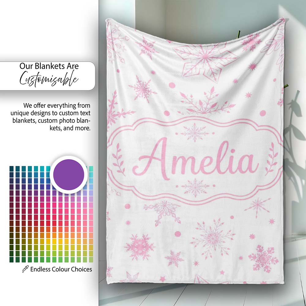 Elegant Pink Snowflakes White Background Seamless Pattern Lovely Personalised Custom Name Super Soft Fleece Blanket Bed Sofa Throw