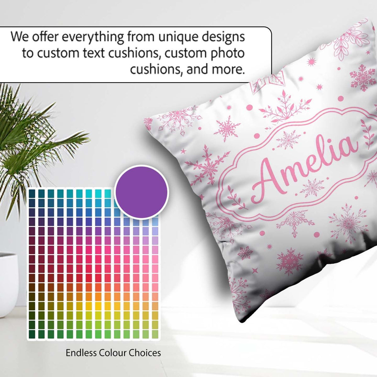 Custom Name Elegant Snowflakes White Background Seamless Pattern Square Filled Cushion Throw Pillow Sofa Bed Home Decor Zip Washable UK Made