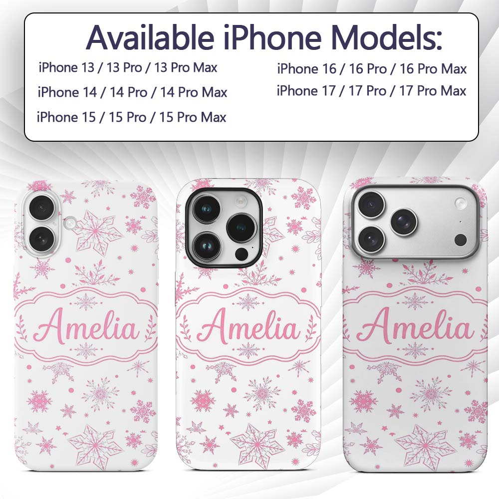 Elegant Pink Snowflakes White Background Seamless Custom Name Protective Phone Case Mobile Cover Durable Everyday Smartphone Shock Resistant