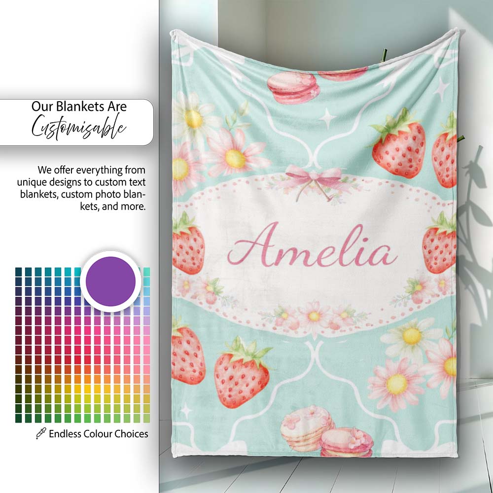 Strawberry Cherry Daisy Seamless Pattern Teal Cute Coquette Floral Personalised Custom Name Super Soft Fleece Blanket Bed Sofa Throw