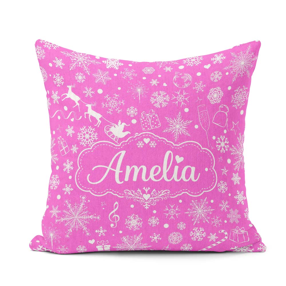 Custom Name Festive Pink Christmas Snowflakes Reindeer Seamless Square Filled Cushion Throw Pillow Sofa Bed Home Decor Zip Washable UK Made