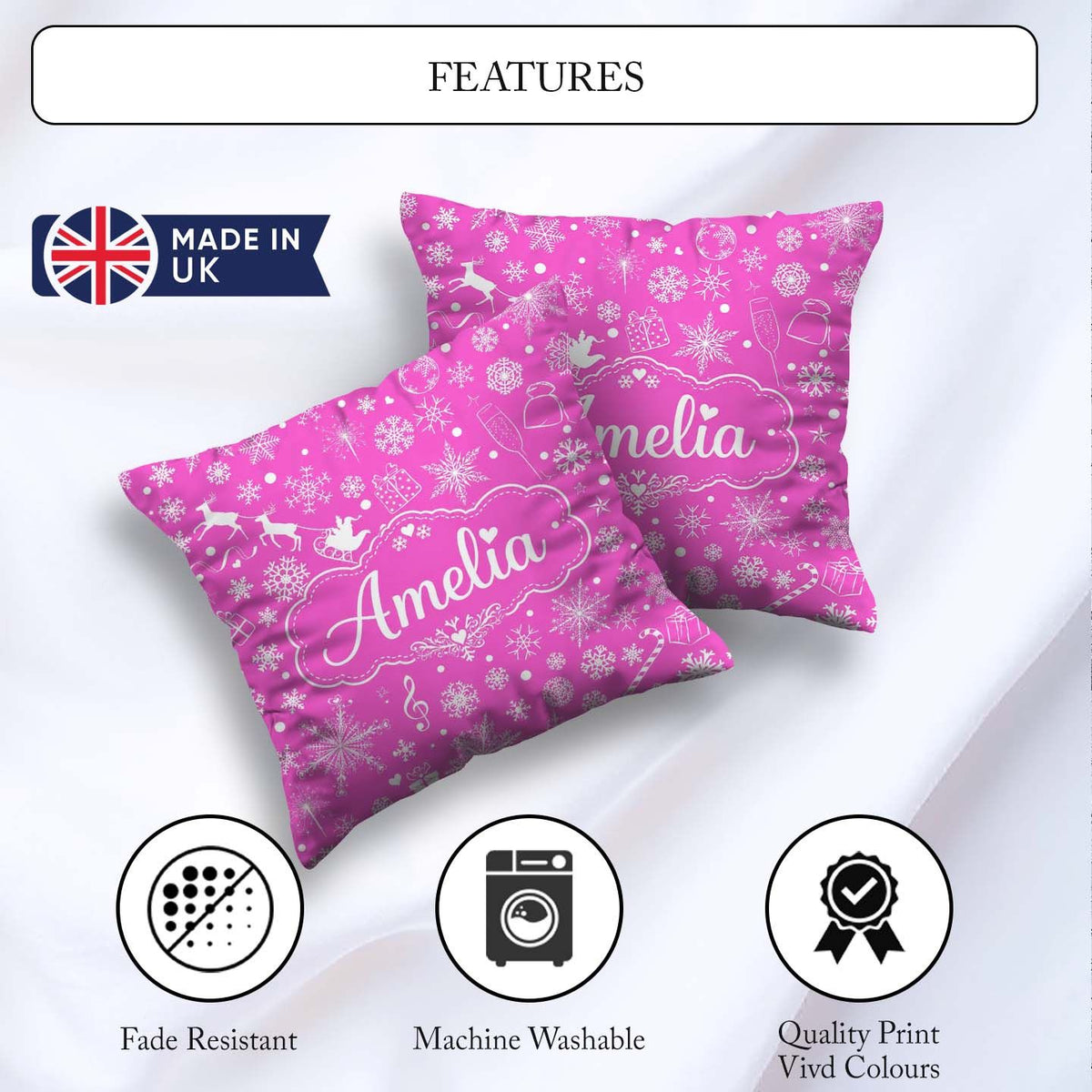 Custom Name Festive Pink Christmas Snowflakes Reindeer Seamless Square Filled Cushion Throw Pillow Sofa Bed Home Decor Zip Washable UK Made