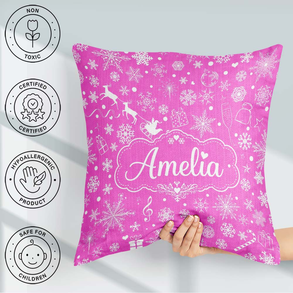 Custom Name Festive Pink Christmas Snowflakes Reindeer Seamless Square Filled Cushion Throw Pillow Sofa Bed Home Decor Zip Washable UK Made