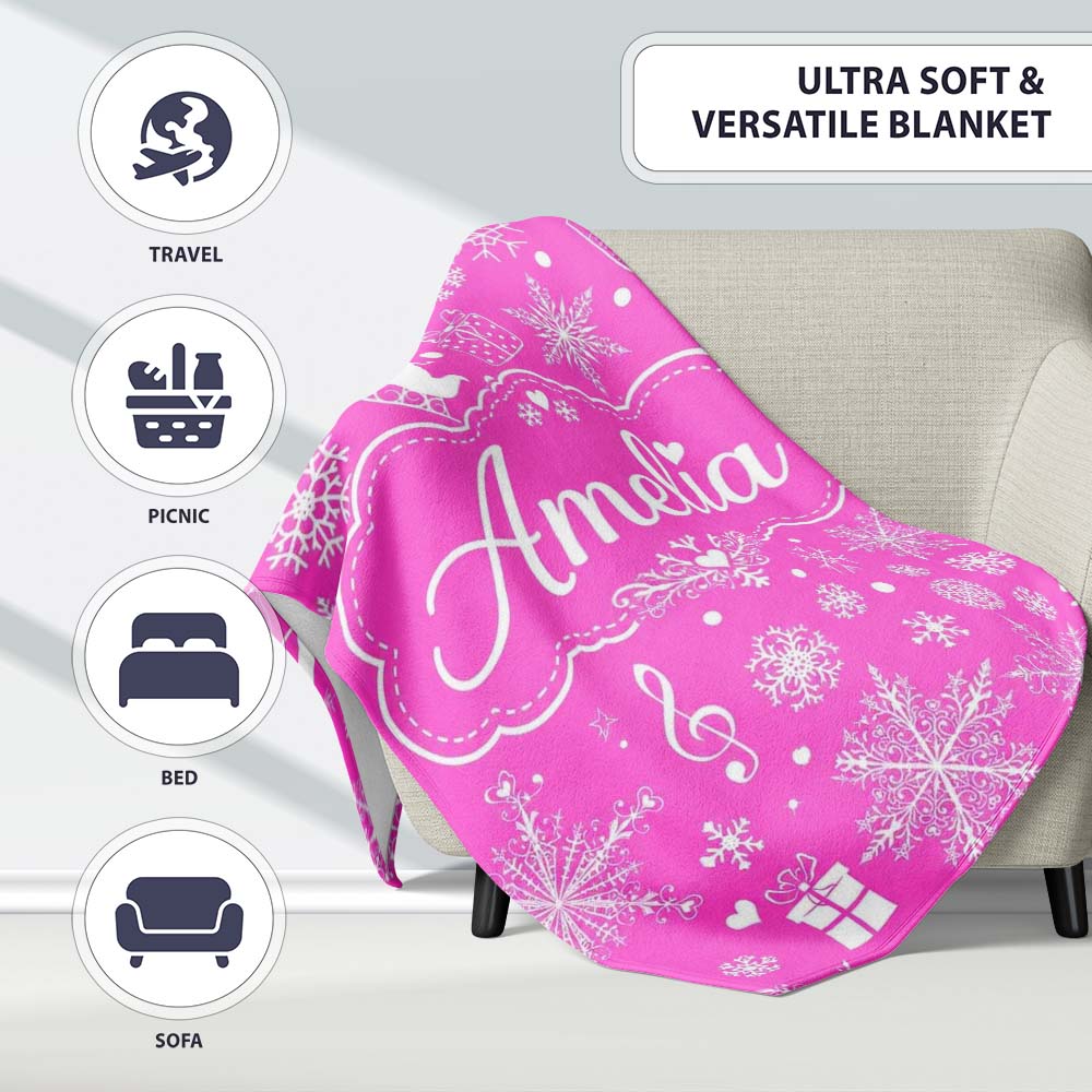Festive Pink Christmas Snowflakes Reindeer Seamless Pattern Lovely Personalised Custom Name Super Soft Fleece Blanket Bed Sofa Throw
