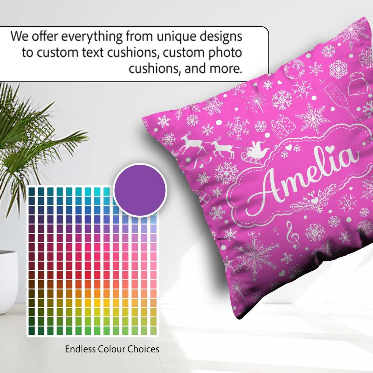 Custom Name Festive Pink Christmas Snowflakes Reindeer Seamless Square Filled Cushion Throw Pillow Sofa Bed Home Decor Zip Washable UK Made