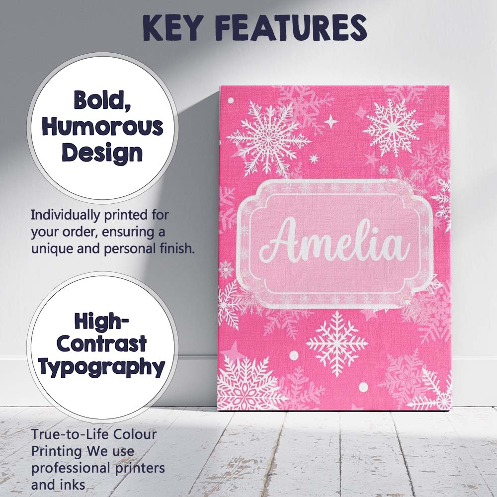 Personalised Name Decorative Pink Snowflakes Custom Bespoke Contemporary Display Canvas Wall Art Print Decor Picture Ready to Hang