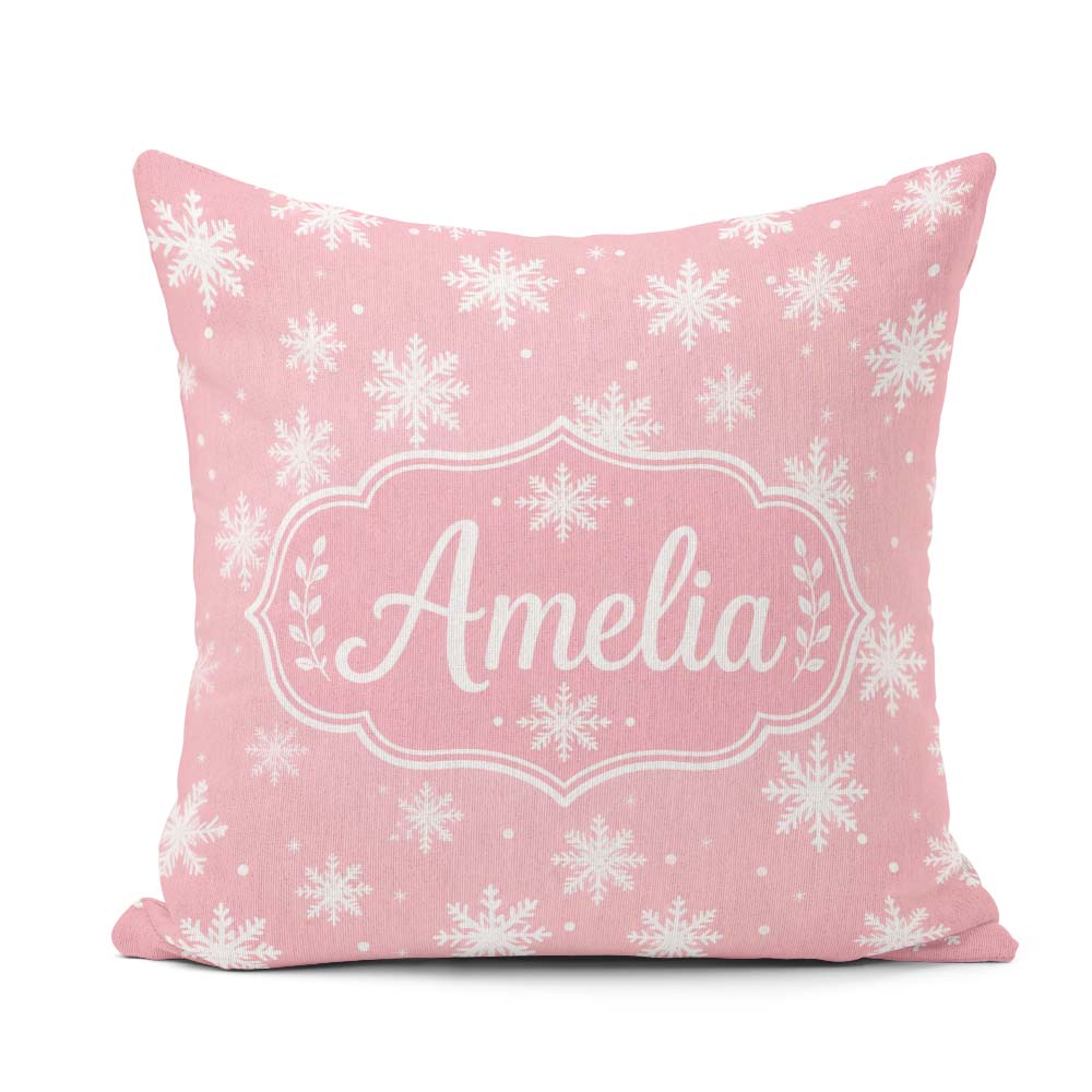 Custom Name Soft Pastel Pink Snowflakes Winter Seamless Pattern Square Filled Cushion Throw Pillow Sofa Bed Home Decor Zip Washable UK Made