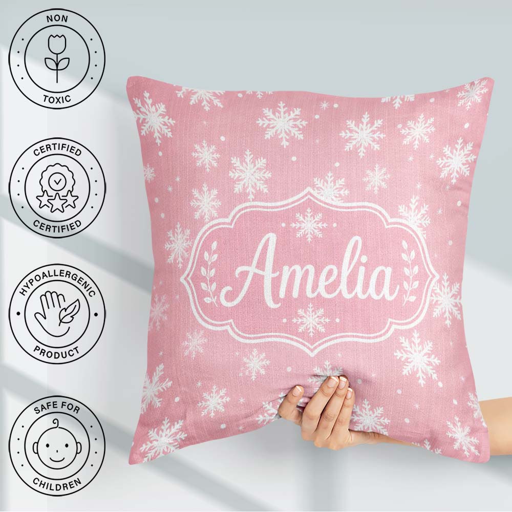 Custom Name Soft Pastel Pink Snowflakes Winter Seamless Pattern Square Filled Cushion Throw Pillow Sofa Bed Home Decor Zip Washable UK Made