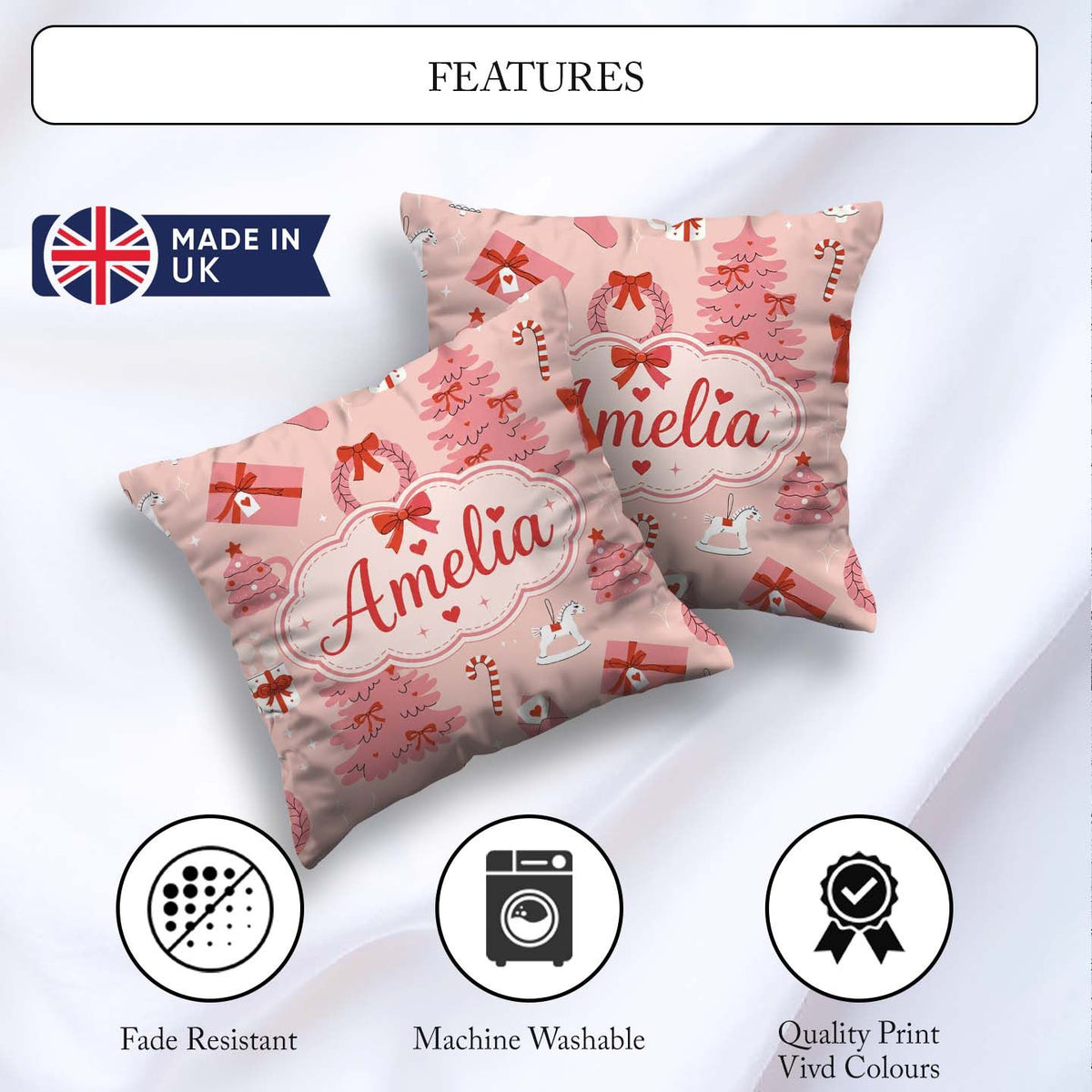 Custom Name Cute Pink Christmas Trees Gifts Candy Canes Seamless Square Filled Cushion Throw Pillow Sofa Bed Home Decor Zip Washable UK Made