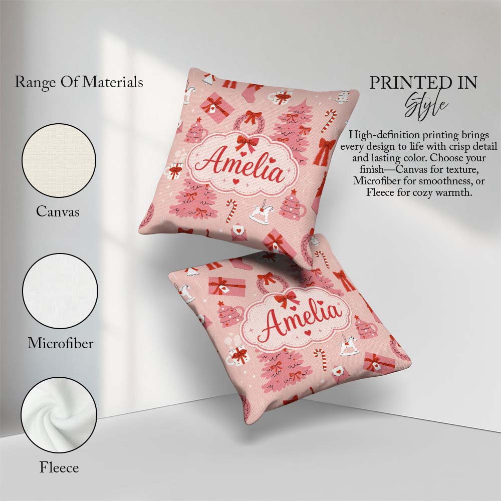 Custom Name Cute Pink Christmas Trees Gifts Candy Canes Seamless Square Filled Cushion Throw Pillow Sofa Bed Home Decor Zip Washable UK Made