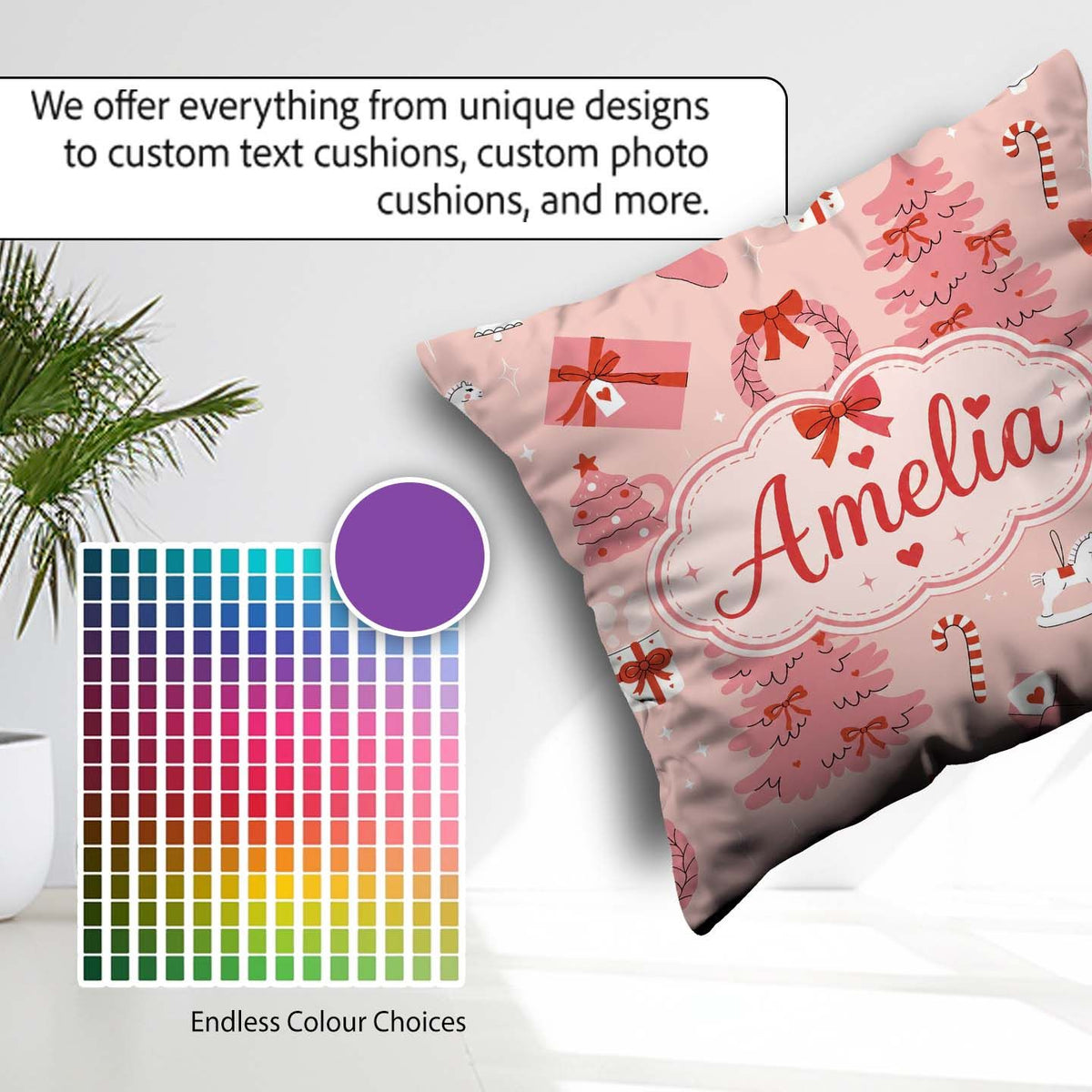 Custom Name Cute Pink Christmas Trees Gifts Candy Canes Seamless Square Filled Cushion Throw Pillow Sofa Bed Home Decor Zip Washable UK Made
