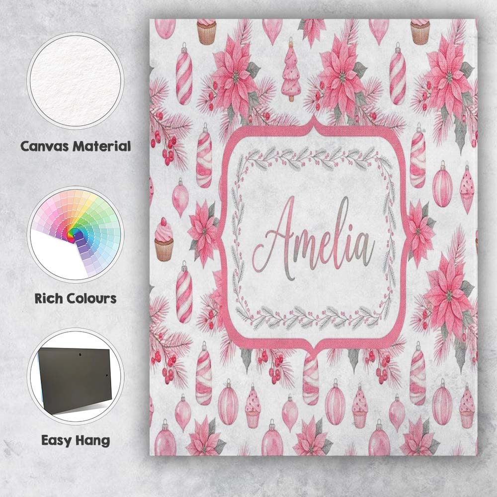 Personalised Name Elegant Pink Christmas Custom Interior Decorative Contemporary Canvas Wall Art Print Decor Picture Ready to Hang