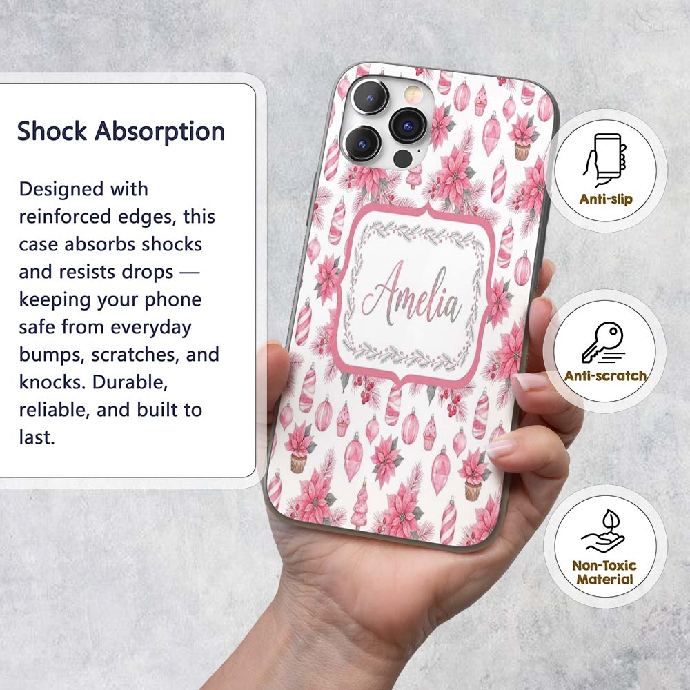 Elegant Pink Christmas Ornaments Holly Leaves Custom Name Protective Phone Case Mobile Cover Durable Everyday Smartphone Shock Resistant