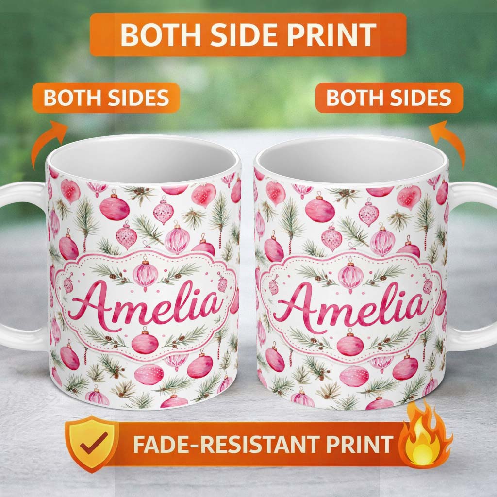 Personalized Custom Name Watercolor Pink Bauble Pine Branch Christmas Seamless Pattern Lovely 11oz Ceramic Coffee Tea Mug White Large Handle