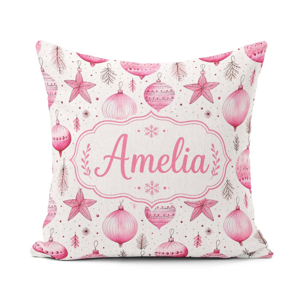 Custom Name Stylish Pink Baubles Stars Holiday Seamless Pattern Square Filled Cushion Throw Pillow Sofa Bed Home Decor Zip Washable UK Made