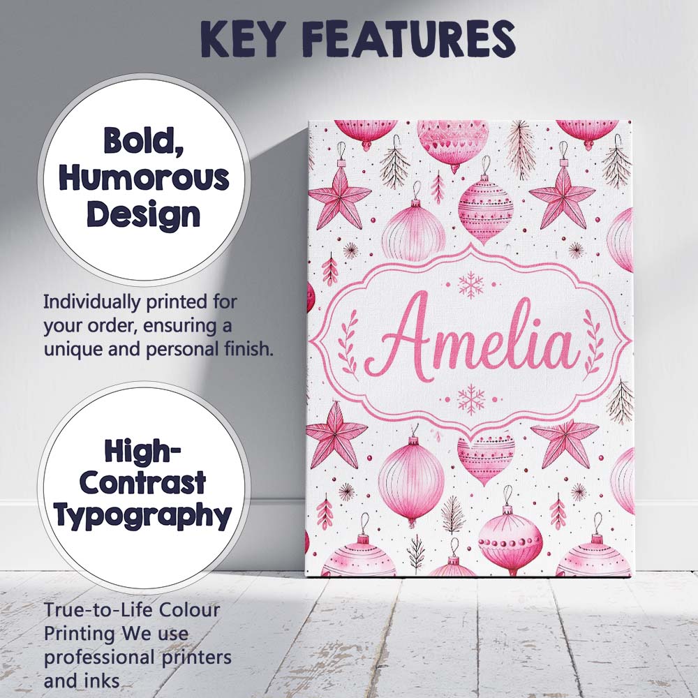 Personalised Name Stylish Pink Baubles Custom Modern Room Accent Elegant Feature Canvas Wall Art Print Decor Picture Ready to Hang