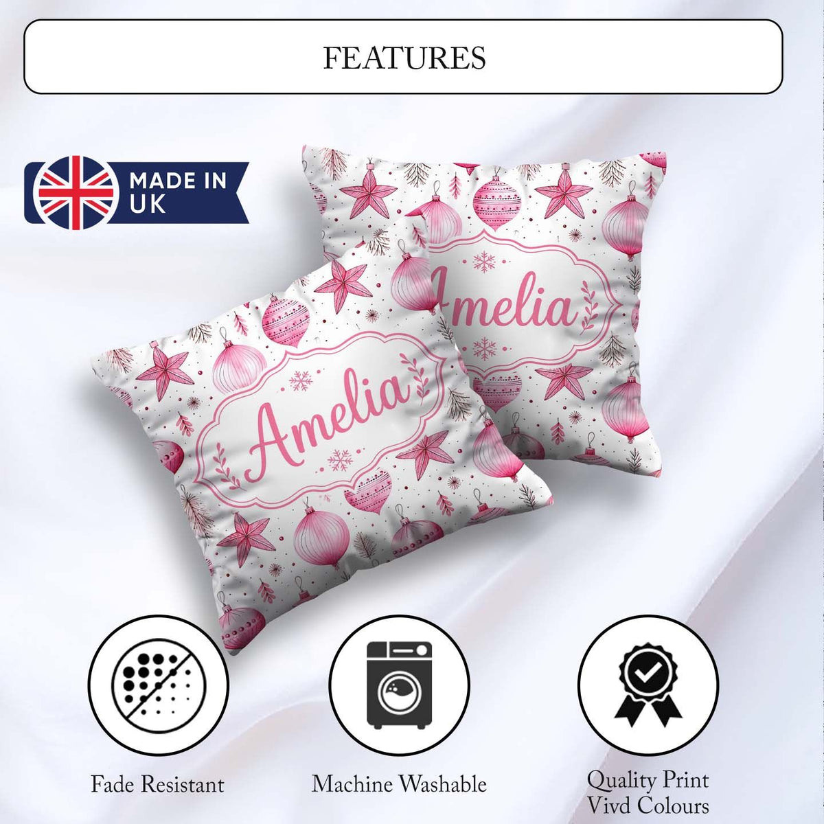 Custom Name Stylish Pink Baubles Stars Holiday Seamless Pattern Square Filled Cushion Throw Pillow Sofa Bed Home Decor Zip Washable UK Made