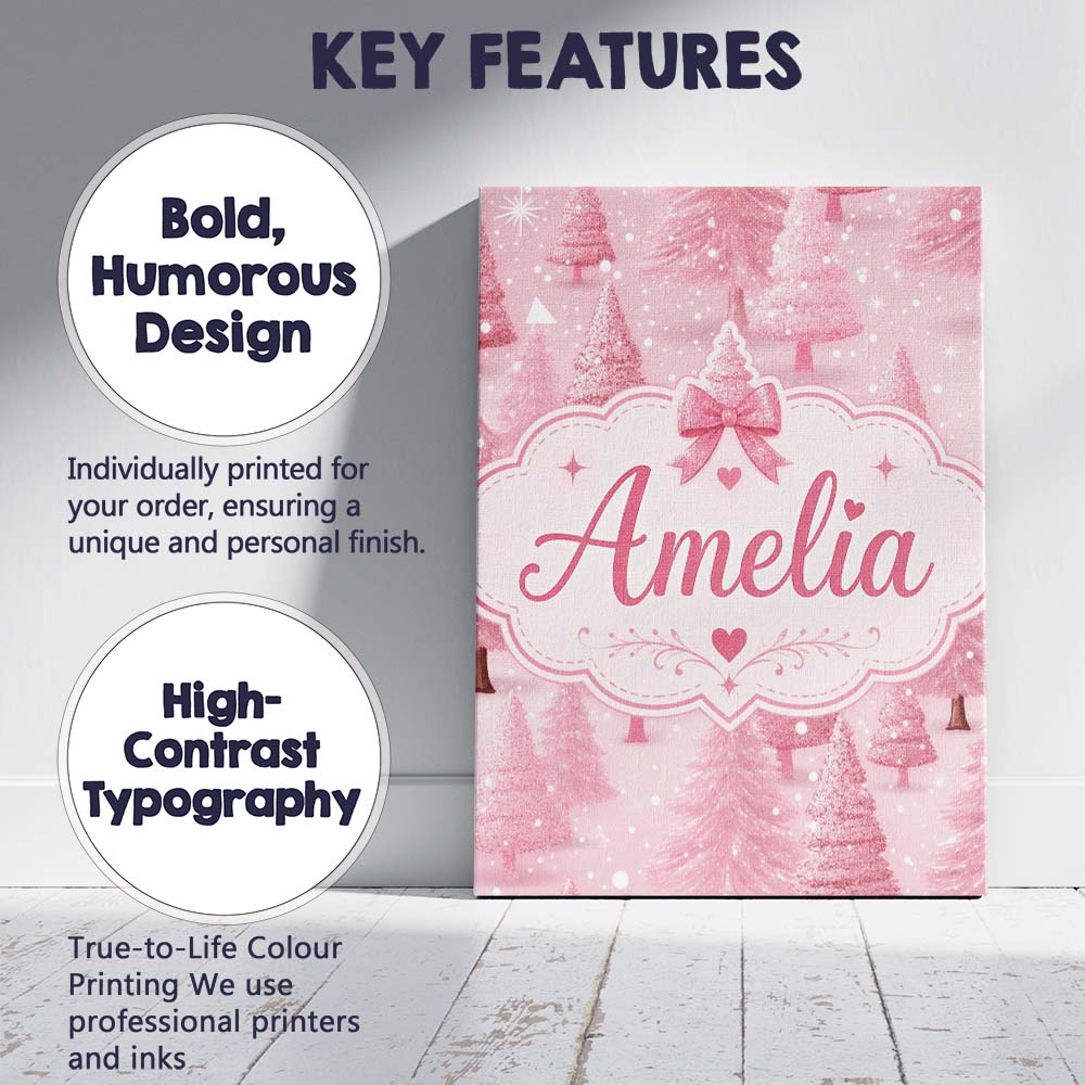 Personalised Name Soft Pink Snowy Christmas Custom Bespoke Interior Contemporary Canvas Wall Art Print Decor Picture Ready to Hang