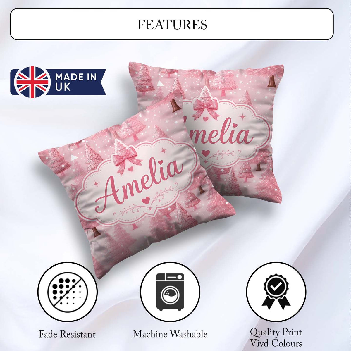 Custom Name Soft Pink Snowy Christmas Winter Wonderland Seamless Square Filled Cushion Throw Pillow Sofa Bed Home Decor Zip Washable UK Made