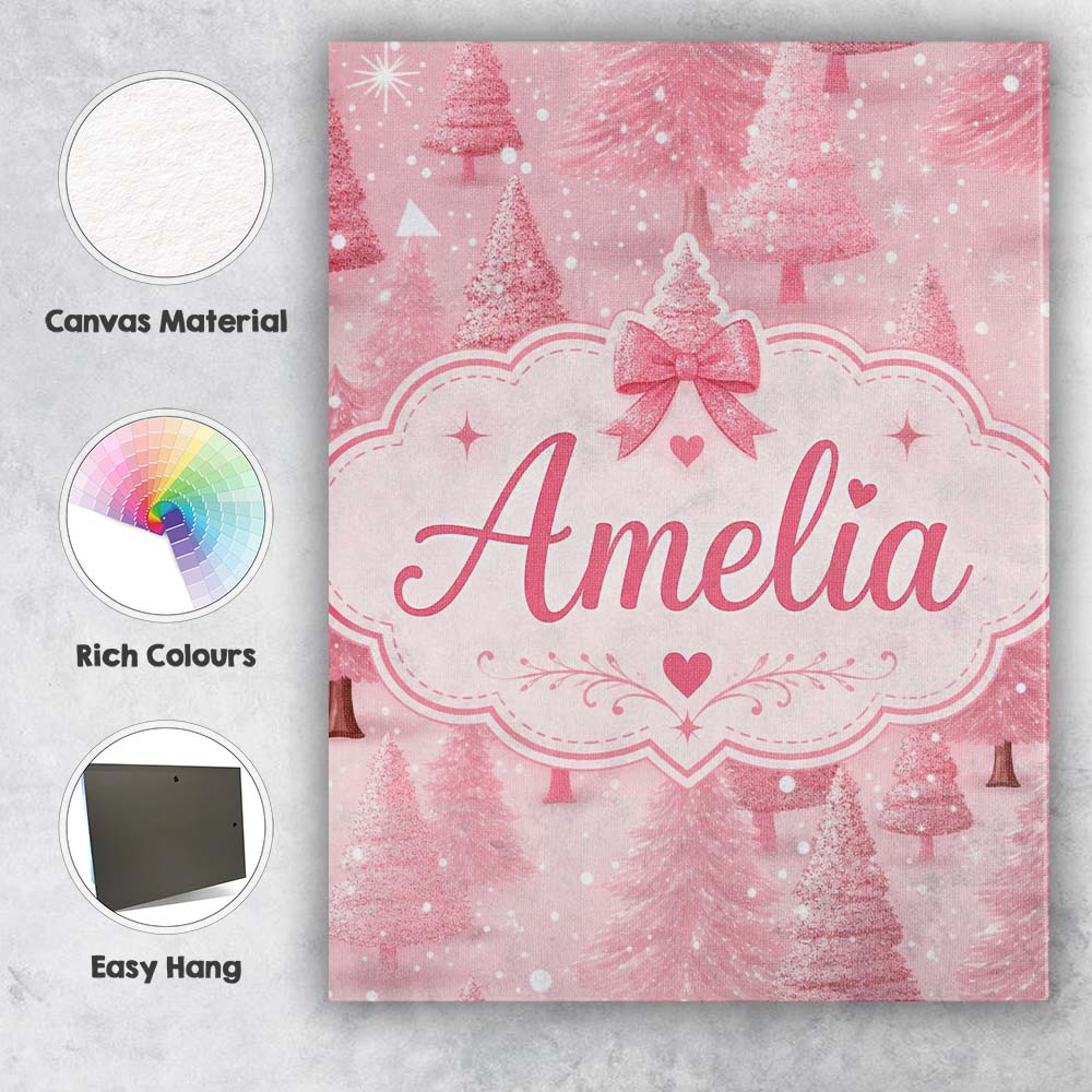 Personalised Name Soft Pink Snowy Christmas Custom Bespoke Interior Contemporary Canvas Wall Art Print Decor Picture Ready to Hang