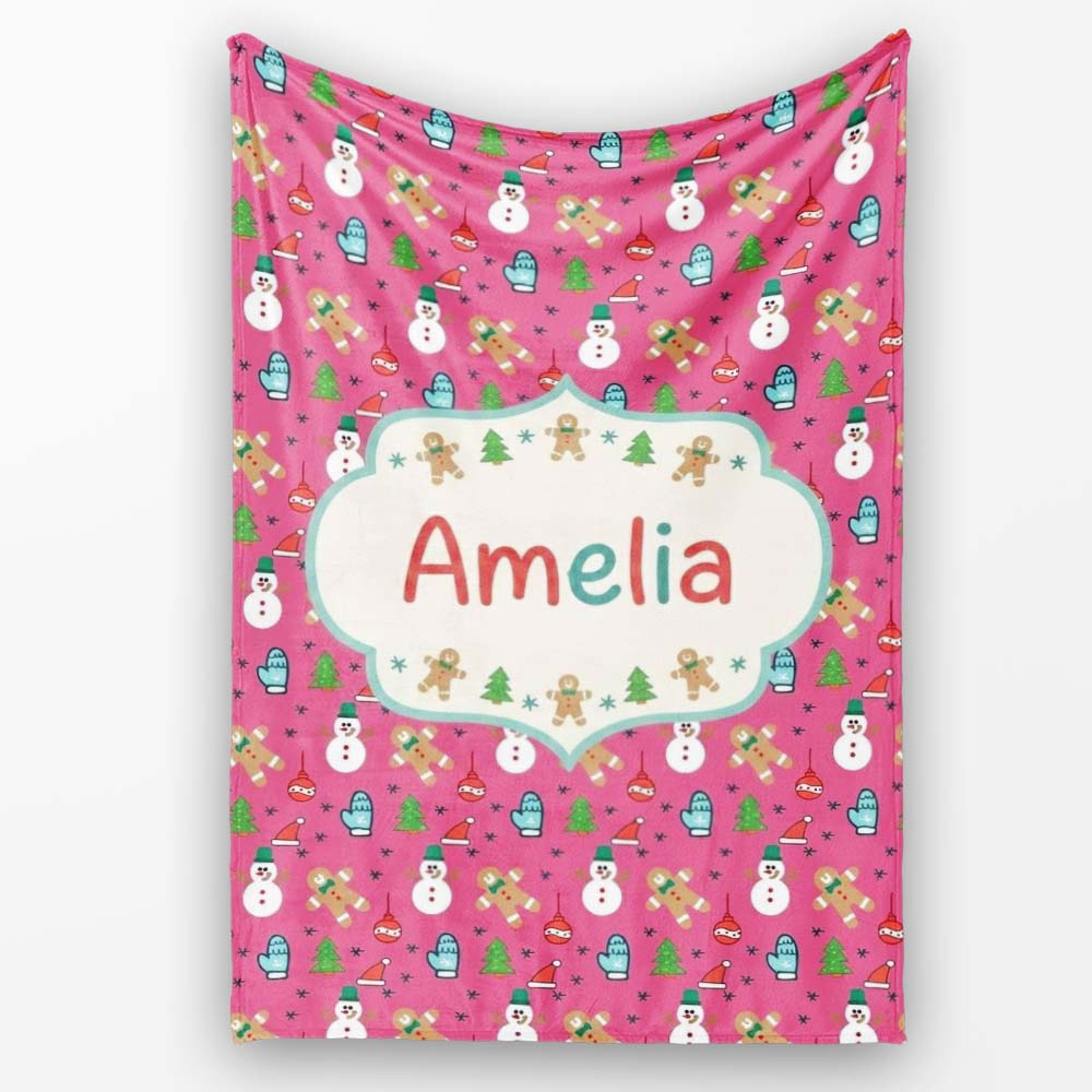 Cute Snowman Gingerbread Mittens Christmas Seamless Pattern Lovely Personalised Custom Name Super Soft Fleece Blanket Bed Sofa Throw