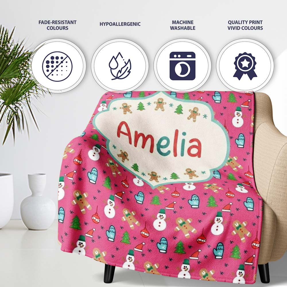Cute Snowman Gingerbread Mittens Christmas Seamless Pattern Lovely Personalised Custom Name Super Soft Fleece Blanket Bed Sofa Throw