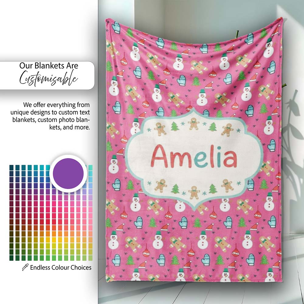 Cute Snowman Gingerbread Mittens Christmas Seamless Pattern Lovely Personalised Custom Name Super Soft Fleece Blanket Bed Sofa Throw