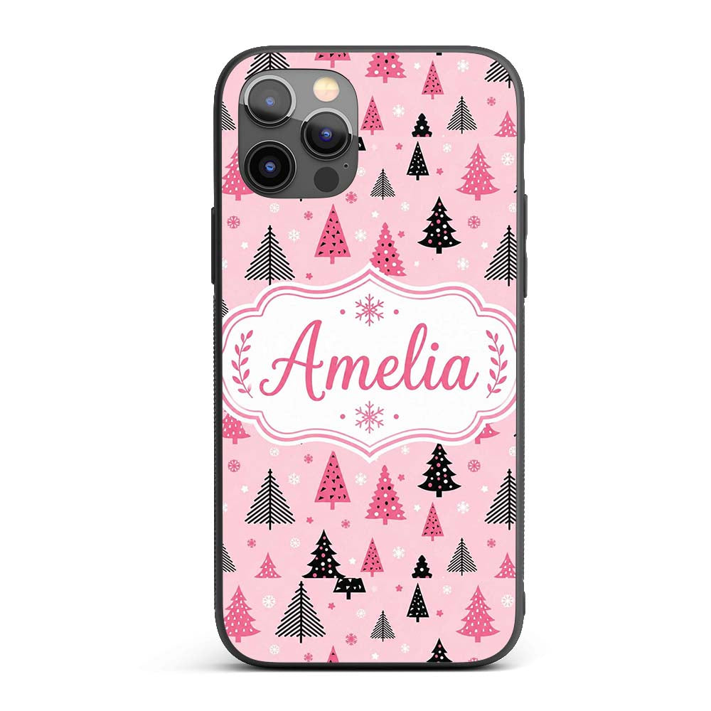 Modern Pink Black Christmas Trees Snowflakes Custom Name Protective Phone Case Mobile Cover Durable Everyday Smartphone Shock Resistant
