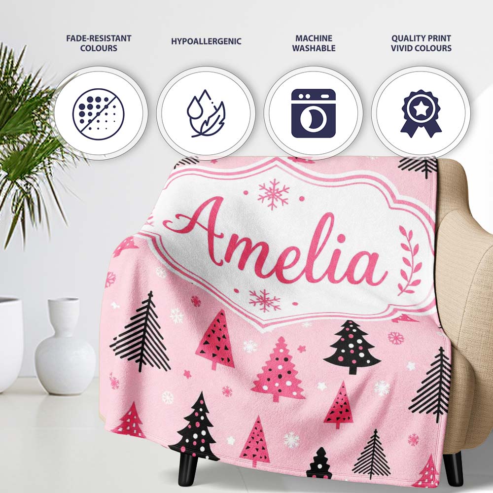 Modern Pink Black Christmas Trees Snowflakes Seamless Pattern Lovely Personalised Custom Name Super Soft Fleece Blanket Bed Sofa Throw