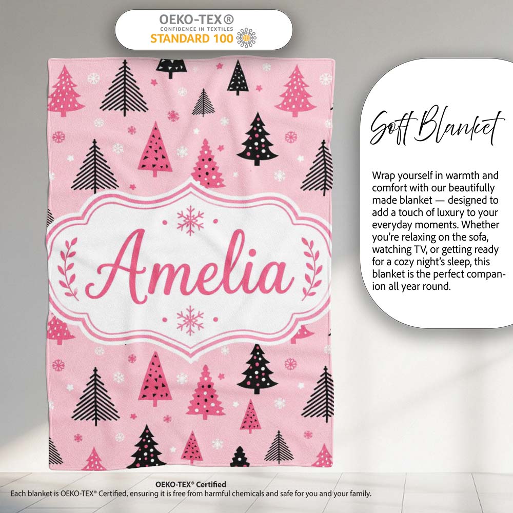 Modern Pink Black Christmas Trees Snowflakes Seamless Pattern Lovely Personalised Custom Name Super Soft Fleece Blanket Bed Sofa Throw