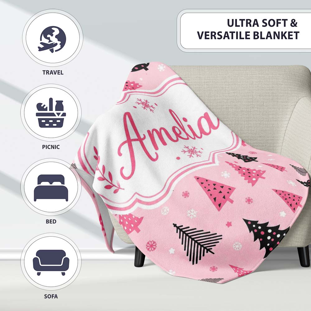 Modern Pink Black Christmas Trees Snowflakes Seamless Pattern Lovely Personalised Custom Name Super Soft Fleece Blanket Bed Sofa Throw
