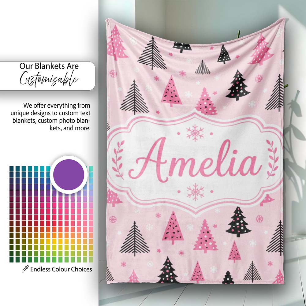 Modern Pink Black Christmas Trees Snowflakes Seamless Pattern Lovely Personalised Custom Name Super Soft Fleece Blanket Bed Sofa Throw