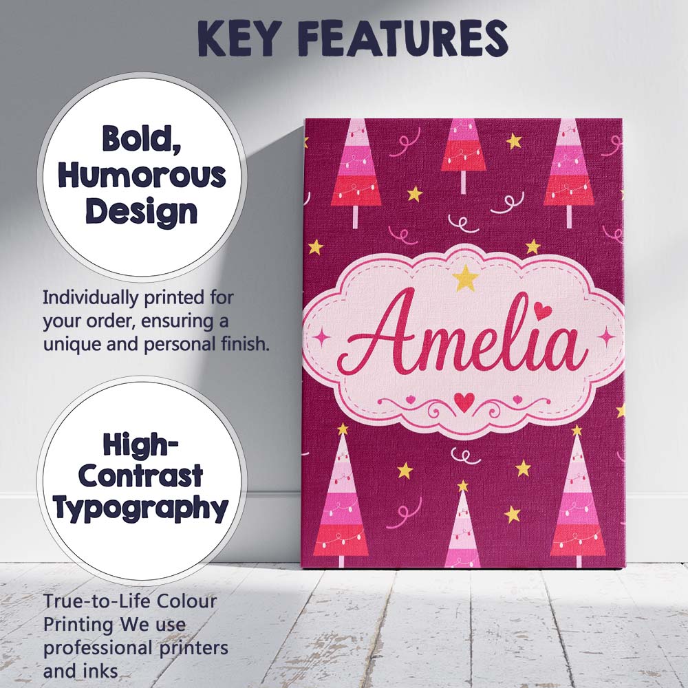 Personalised Name Pink Christmas Trees Custom Modern Room Accent Elegant Feature Canvas Wall Art Print Decor Picture Ready to Hang