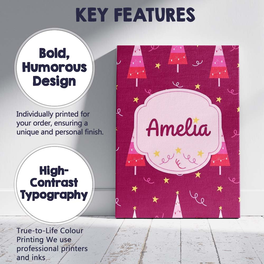 Personalised Name Dark Pink Christmas Trees Custom Bespoke Interior Contemporary Canvas Wall Art Print Decor Picture Ready to Hang