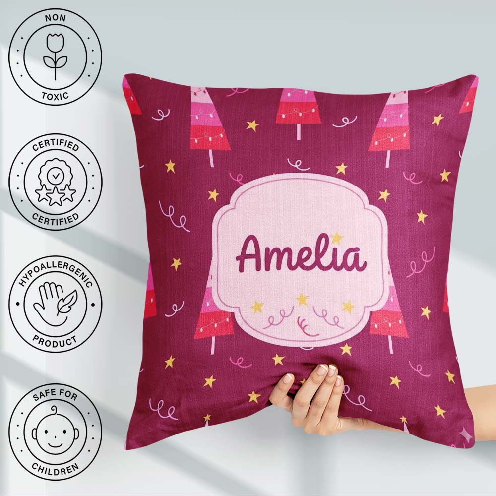 Custom Name Dark Christmas Trees Lights Festive Seamless Pattern Square Filled Cushion Throw Pillow Sofa Bed Home Decor Zip Washable UK Made