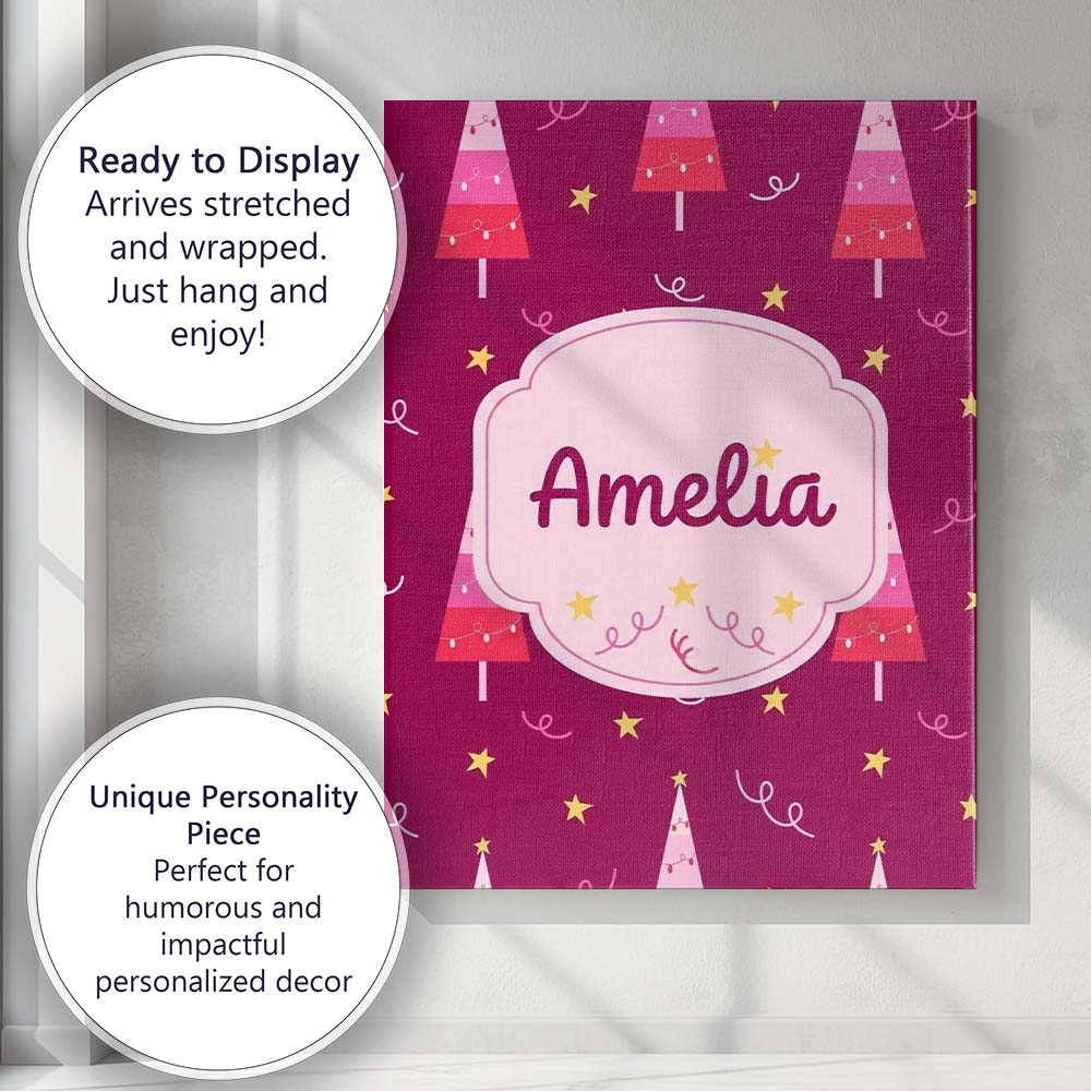 Personalised Name Dark Pink Christmas Trees Custom Bespoke Interior Contemporary Canvas Wall Art Print Decor Picture Ready to Hang