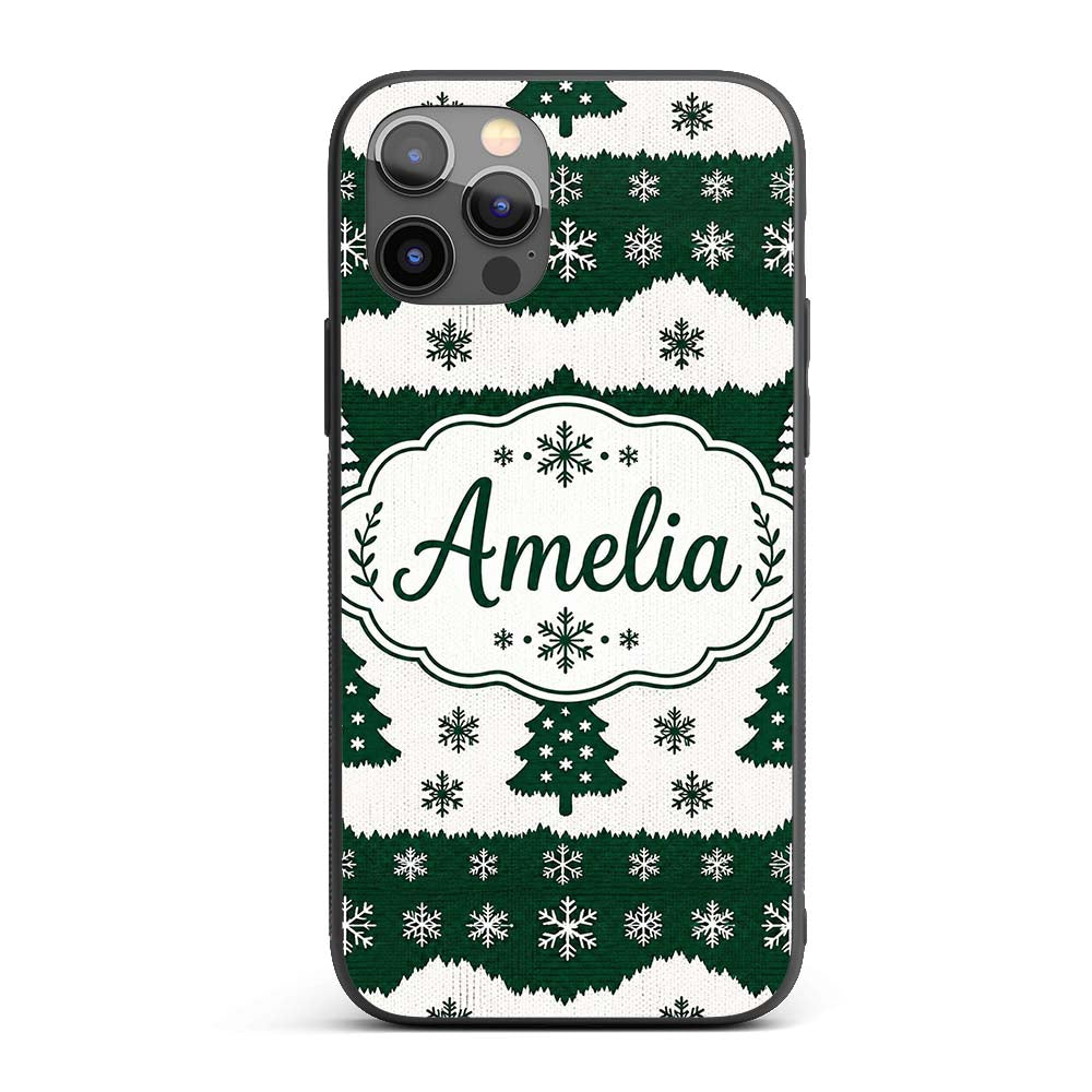 Green White Snowflakes Christmas Trees Winter Custom Name Protective Phone Case Mobile Cover Durable Everyday Smartphone Shock Resistant