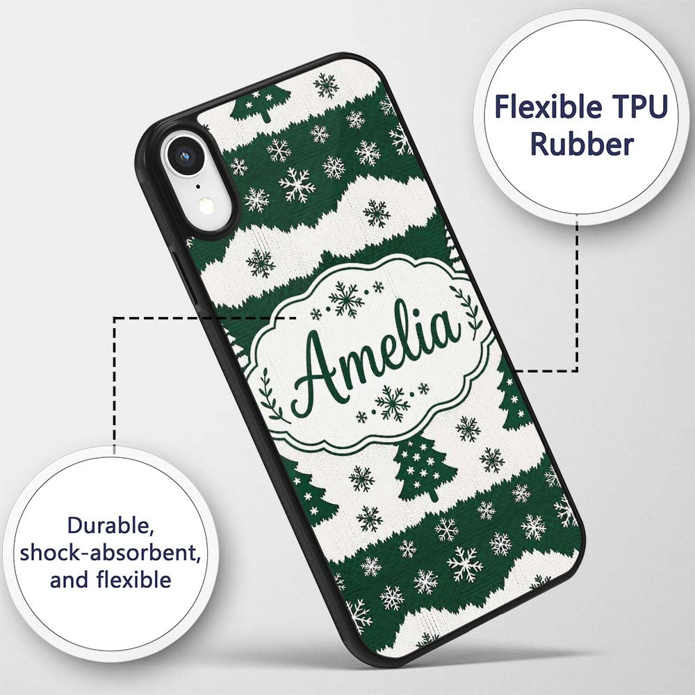 Green White Snowflakes Christmas Trees Winter Custom Name Protective Phone Case Mobile Cover Durable Everyday Smartphone Shock Resistant