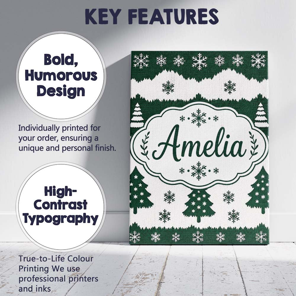 Personalised Name Green White Snowflakes Custom Unique Gift Idea Elegant Feature Canvas Wall Art Print Decor Picture Ready to Hang